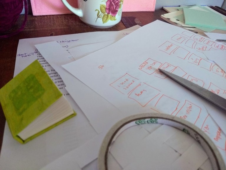 messy papers on desk, small green book, scissor blades, tape